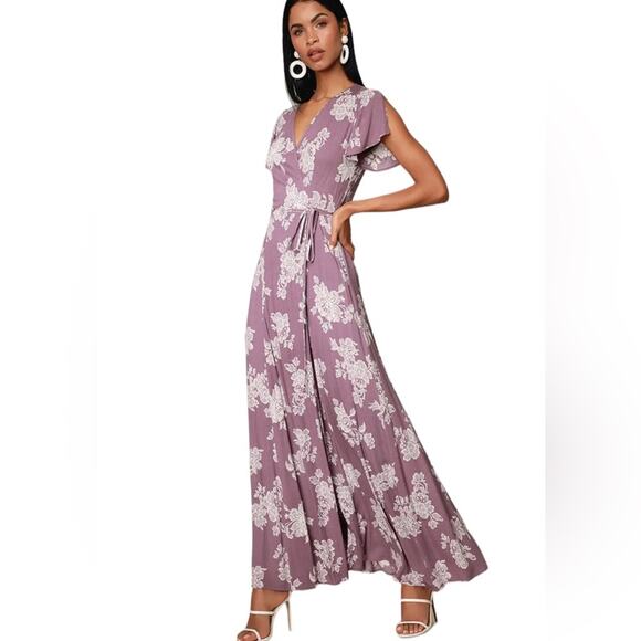 NWT Lulu’s Heart of Marigold Dusty Lavender Floral Print Wrap Maxi Dress Sz M - Picture 2 of 9